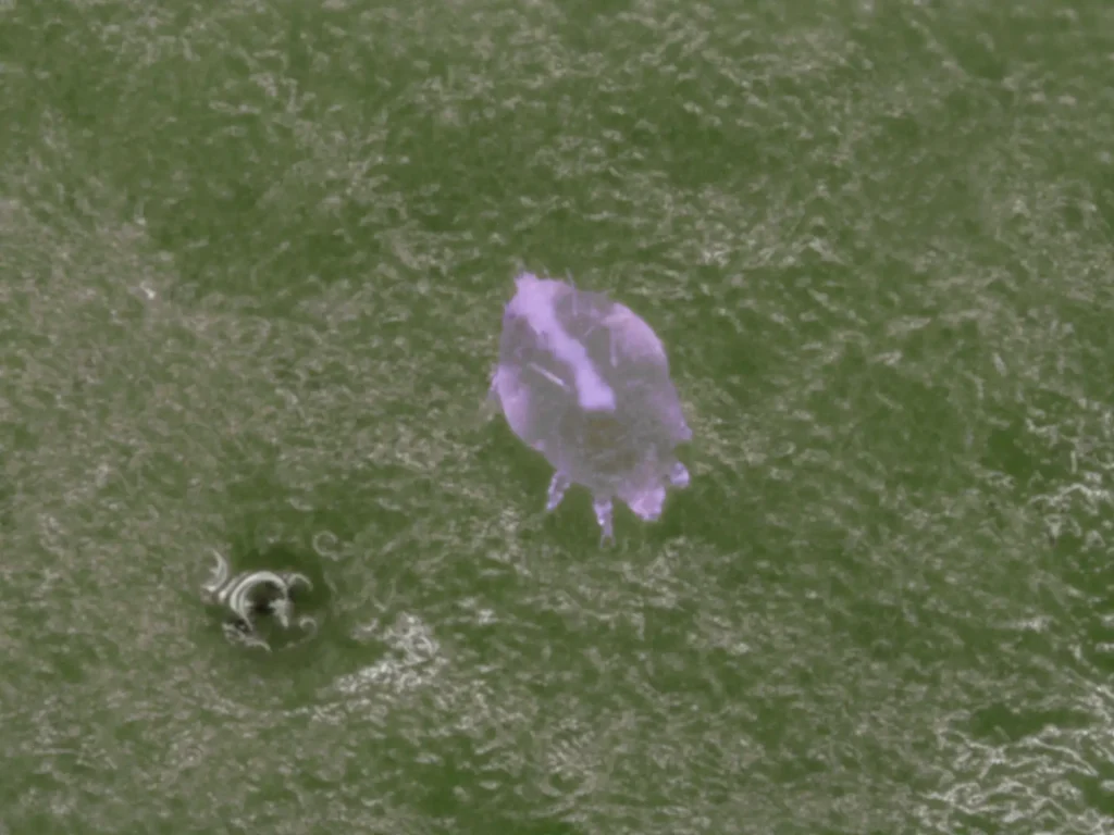 Imagem macro do ácaro-branco (Polyphagotarsonemus latus). O ácaro, de corpo translúcido, branco e brilhante, está sobre a superfície texturizada de uma folha verde.