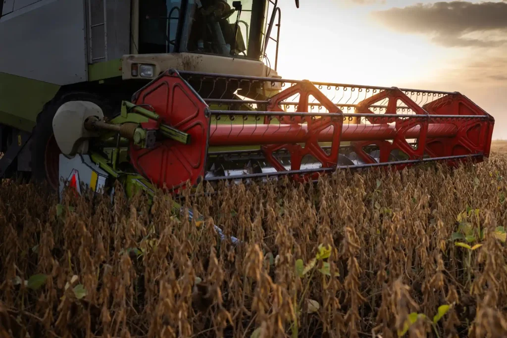 Colheitadeira de soja em operaçao no campo, destacando o sistema de corte e molinete.