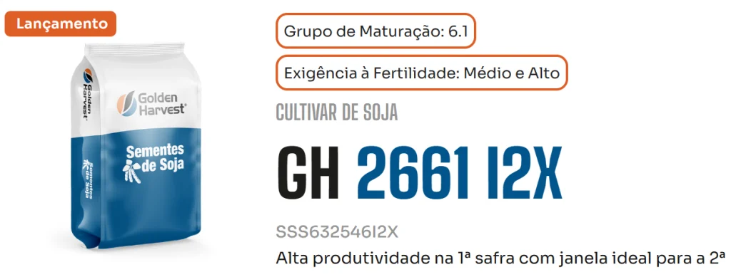 Banner da cultivar de soja GH 2661 I2X (código SSS632546I2X) da Golden Harvest, destacando a indicação de lançamento, grupo de maturação 6.1 e exigência à fertilidade média e alta, além de enfatizar a alta produtividade na 1ª safra com janela ideal para a 2ª safra.