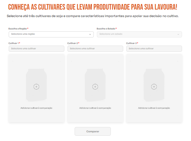 Interface da ferramenta comparadora de sementes da Golden Harvest, apresentando no topo a frase "CONHEÇA AS CULTIVARES QUE LEVAM PRODUTIVIDADE PARA SUA LAVOURA!". Abaixo, há campos para seleção de região e estado, seguidos por três espaços pontilhados com o ícone de adição para incluir até três cultivares de soja e realizar a comparação técnica.