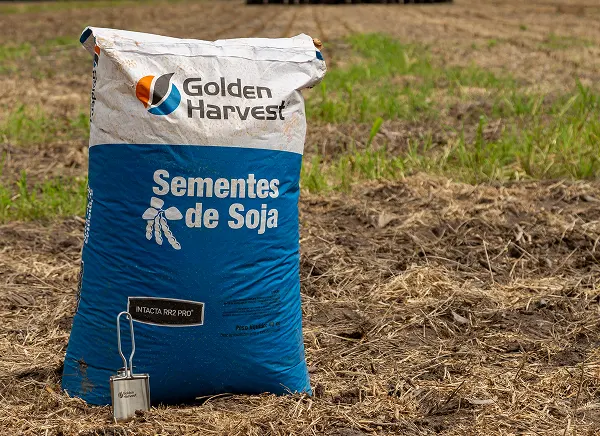 Saco de sementes de soja da Golden Harvest em tons de branco e azul com a tecnologia Intacta RR2 Pro, apoiado sobre a palhada no campo ao lado de um calador de sacaria metálico.